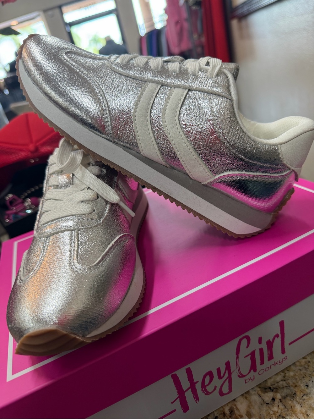 Hey Girl corky’s Metallic Silver Low-Top Sneakers size 6
